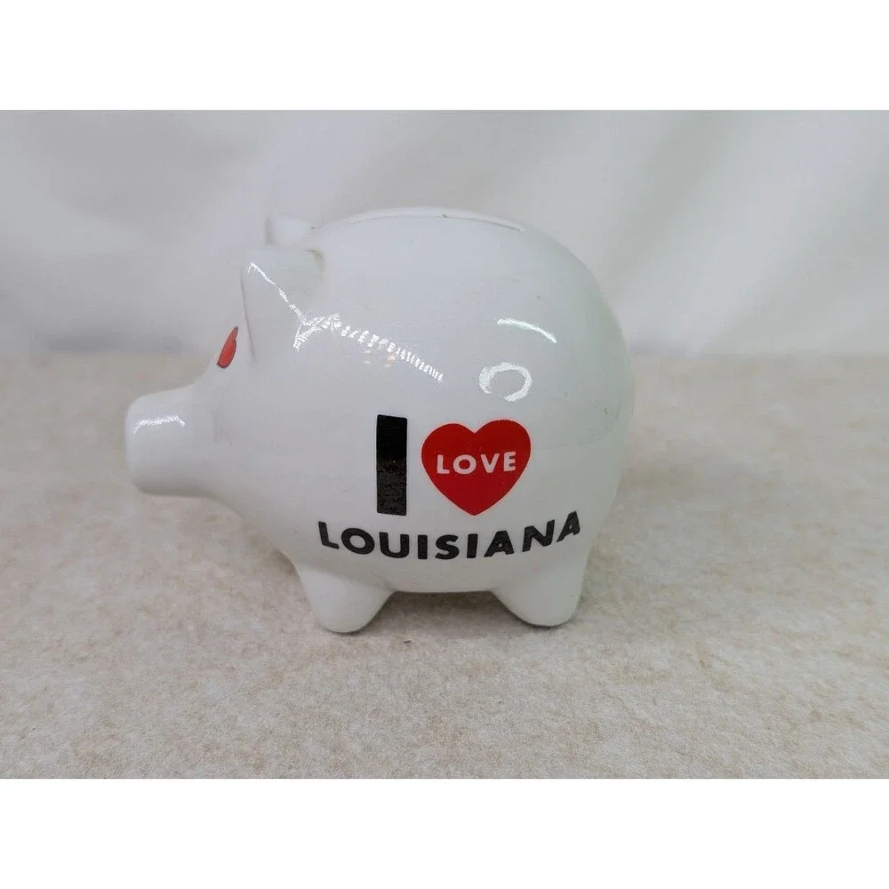 Vintage Porcelain Louisiana Souvenir Piggy Bank with Rainbow & Red Hearts